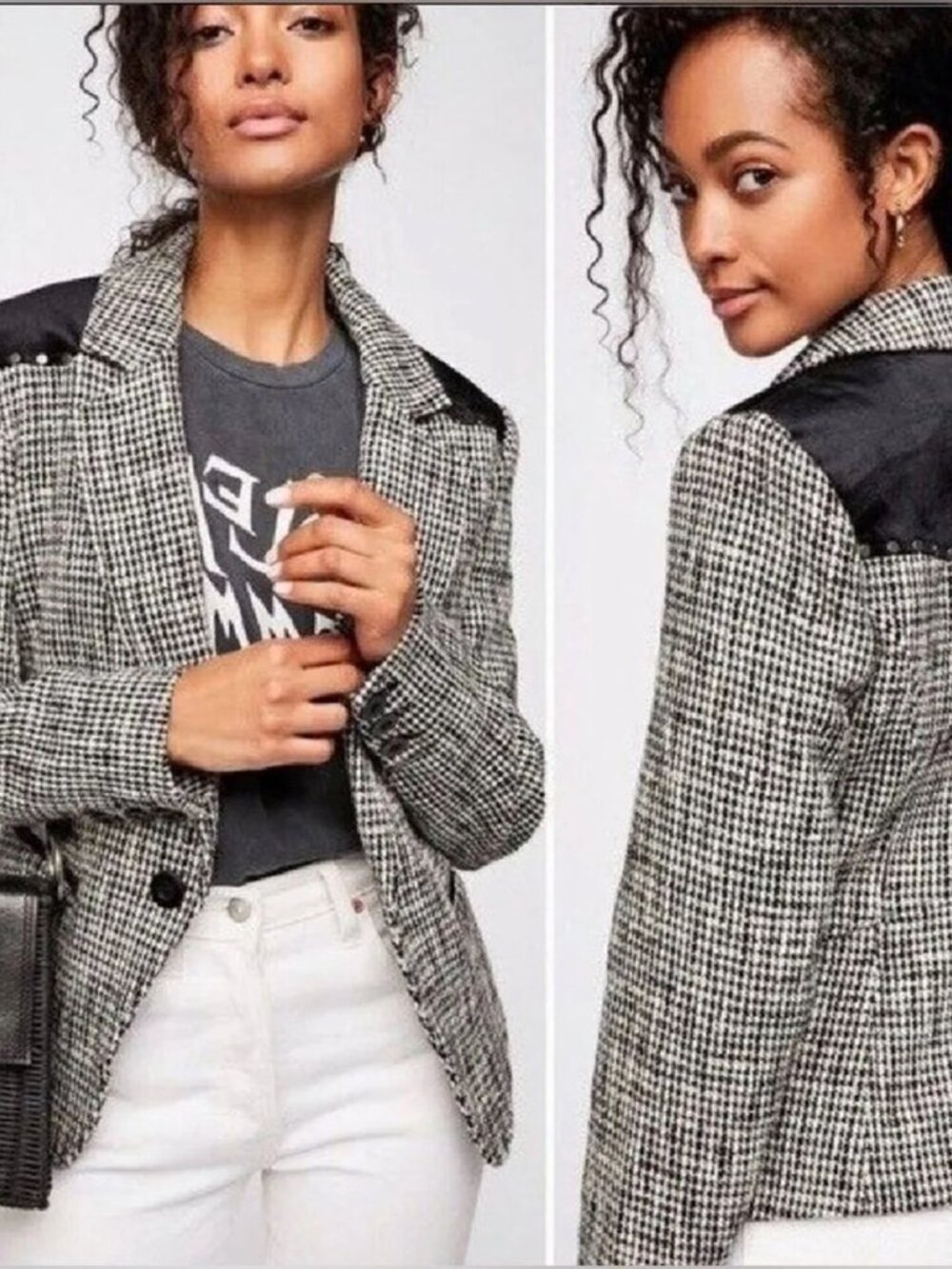 NWoT Free People Rodeo Houndstooth Studded Velvet Shoulder Blazer One Button